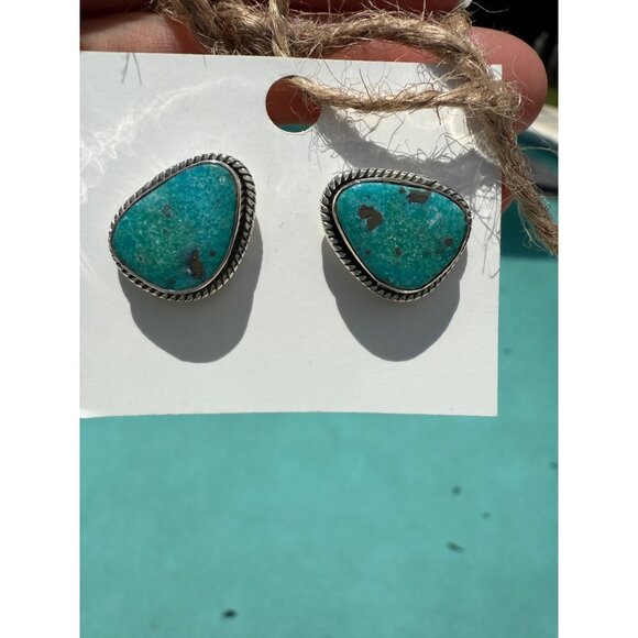 Artisan Turquoise Sterling Silver Triangle Stud Earrings Center Post Southwest - Picture 3 of 12
